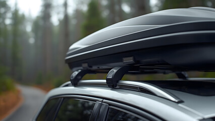 a matte black aerodynamic roof cargo box mounted on a silver car's roof rails