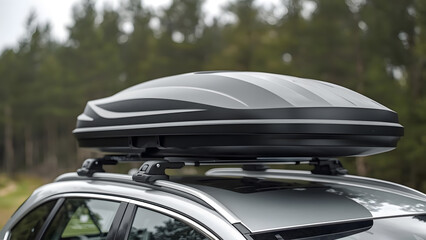 a matte black aerodynamic roof cargo box mounted on a silver car's roof rails