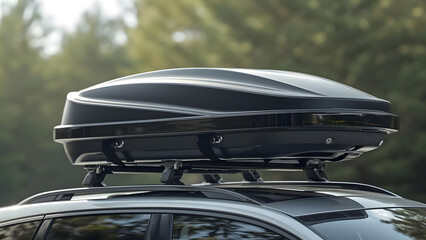 a matte black aerodynamic roof cargo box mounted on a silver car's roof rails