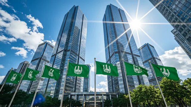 Tall glass skyscrapers with green flags