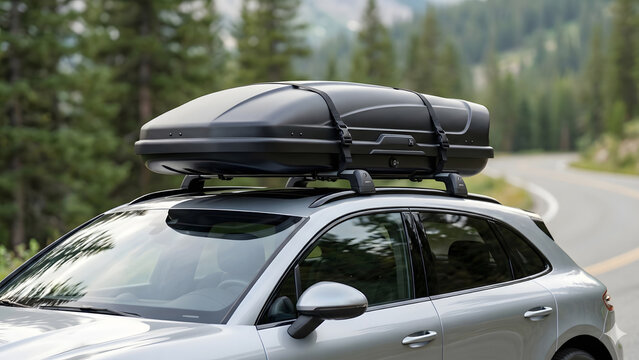a matte black aerodynamic roof cargo box mounted on a silver car's roof rails