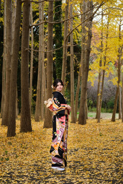 Woman in furisode kimono standing in autumn forest for Seijin no Hi
