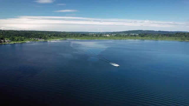 Motorboat Driving Under a Drone with Blue Sky Background