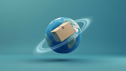 3D blue Earth globe with a realistic brown cardboard shipping box orbiting around it.