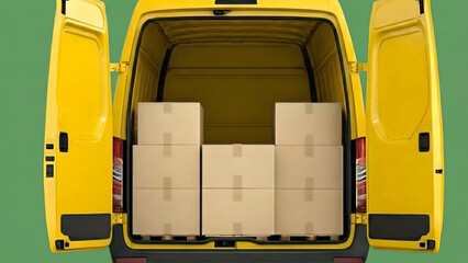a bright yellow delivery van with its doors open