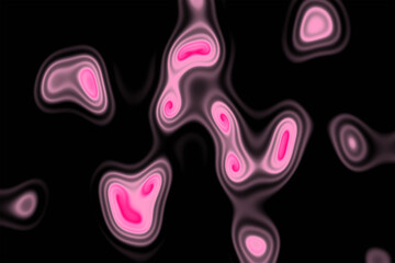 Vibrant pink fluid blobs with concentric rings of light on a deep black background