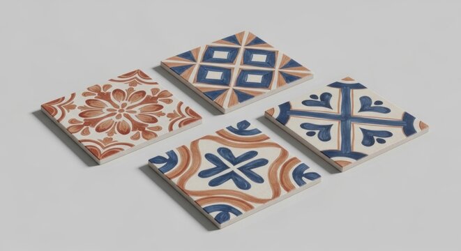 Four square tiles with intricate patterns, featuring blue, white, and orange designs, placed on a white background with soft shadows.
