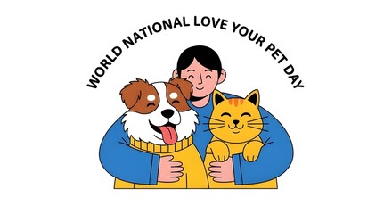 Obraz premium Illustration of a smiling woman hugging a dog and holding a cat on National Love Your Pet Day with a playful and affectionate mood. 
