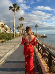 Obraz premium young woman in red dress on the beach