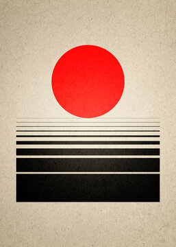 Abstract geometric illustration with red sun and black lines minimalism