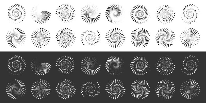 Halftone spiral frames with dotted circles convey motion and speed. Abstract concentric patterns enhance modern digital aesthetics. Ideal for banners, UI elements, and futuristic visuals.