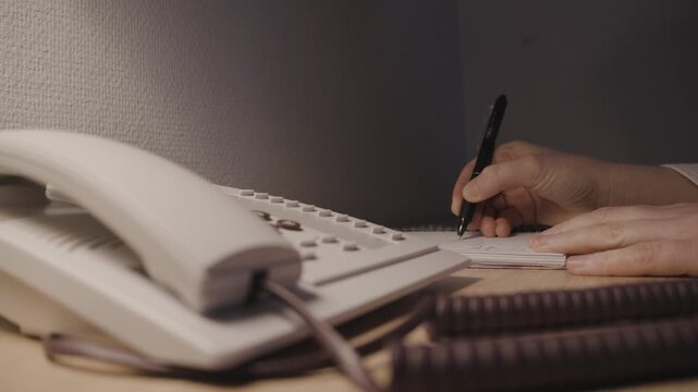 woman writing at desk in dim lit hotel room with a corded phone in the foreground