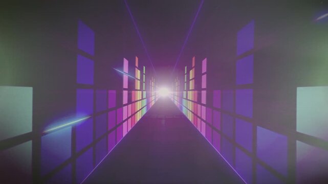 Psychedelic tunnel animation with colorful geometric panels and strong perspective lines, creating a hypnotic forward motion that references retro futurism, disco-era design