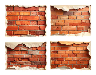 Four torn paper frames reveal detailed brick walls