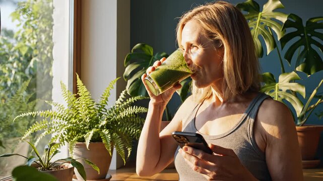 Woman with green smoothie and plants