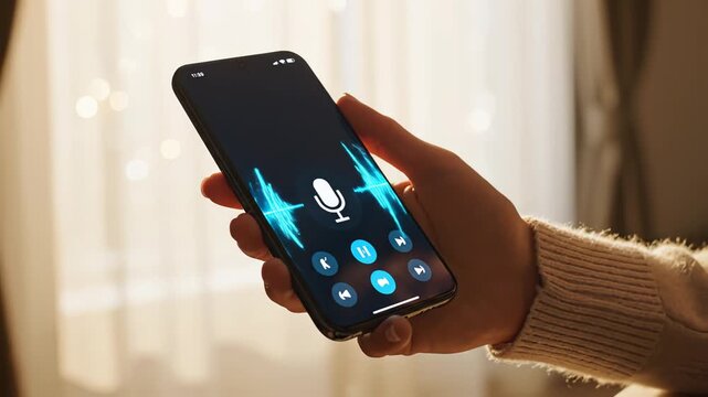 Hand holding smartphone with voice assistant