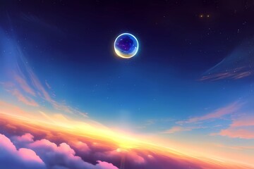 ゲーム背景　美しい満月と星空に浮かぶ雲と月の夜明け
