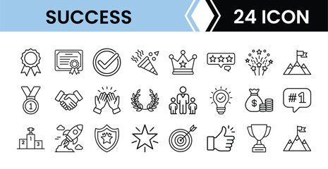 Outline Success Icon Set 24 in Line Art Style for Achievement, Motivation, Victory, and Digital Interface Design