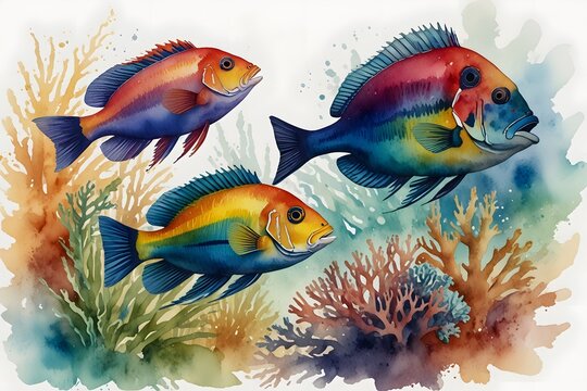 A vibrant cleaner wrasse cleaning a larger fish