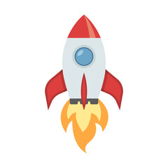 Rocket ship icon in cartoon flat style. Spaceship launch vector illustration on isolated background. Space transport sign business concept.