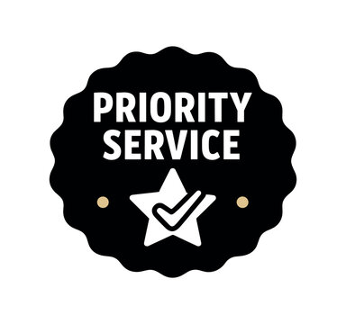 Flat vector seal stamp badge PRIORITY SERVICE simple white with checkmark tiny