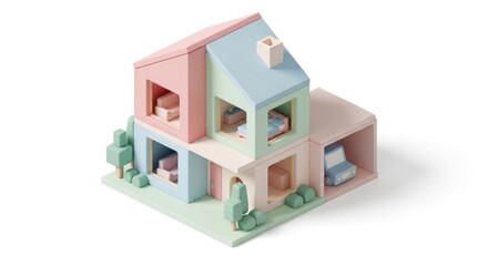 A pastel-colored toy house with a car and furniture inside, placed on a white background with a green tree and blue sky in the foreground.