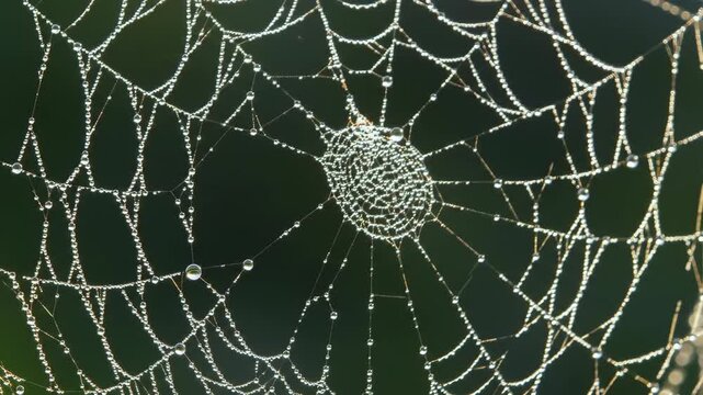 Orb weaver structure covered in sparkling morning moisture against dark background