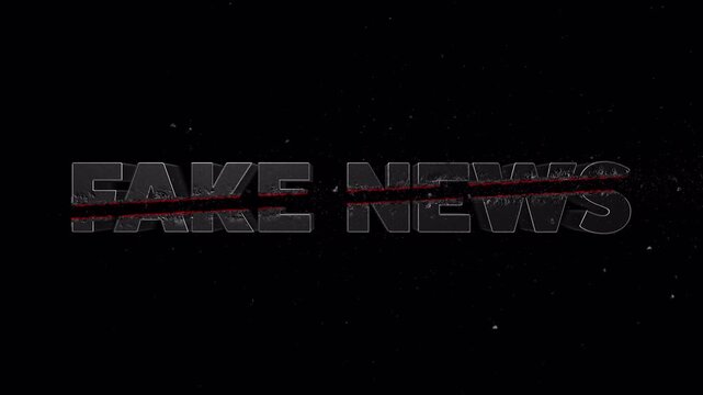Red crossfire streak slicing through &ldquo;FAKE NEWS&rdquo; text with flying particles and glowing melt trail, isolated on transparent BG with alpha channel, overlay for media, politics, news, information themes