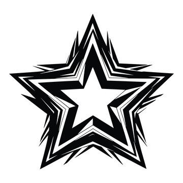 Graphic design element featuring a stylized, energetic black and white five-pointed star with sharp, layered contour outlines ideal for emblems.