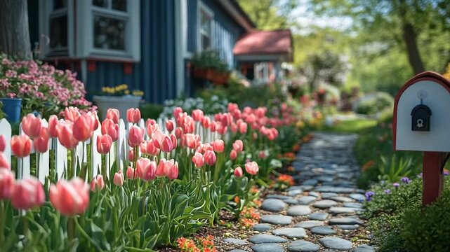 Beautiful Spring Garden with Pink Tulips and a Stone Path.