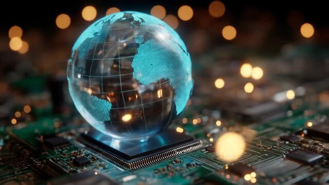 Digital globe displayed on a computer chip illuminated by soft light