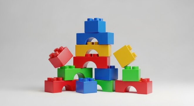 A pyramid of colorful plastic building blocks on a white background.