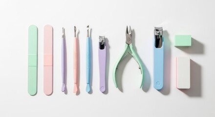 A set of nail care tools arranged on a white background, including a nail file, cuticle pusher, and nail clippers.