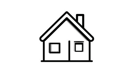 Simple black and white house icon with a roof and a chimney, featuring two square windows