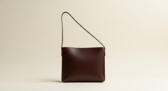 A dark brown leather shoulder bag with a single strap, featuring a minimalist design with a rectangular shape and a smooth texture.