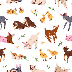 Repeatable pattern of cute babies of farm animals and pets. Endless background of different little and funny puppies, calves, chickens, kittens, lambs and piglets. Flat seamless vector illustration © Paper Trident