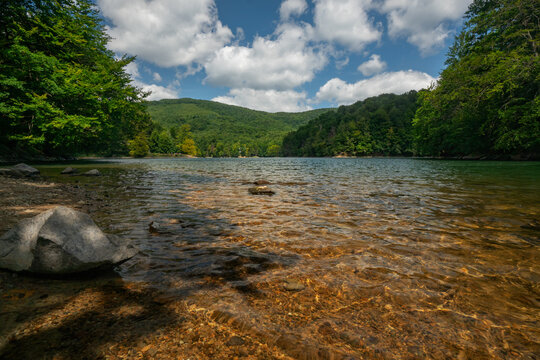 View of crystalline waters reflecting the sky, embraced by verdant forests under a sun-dappled sky, a symphony of nature's hues, Morske Oko, Kosice Region, Slovakia.