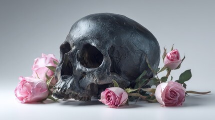 Dark human skull with delicate pink roses