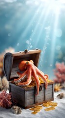 Octopus guarding treasure chest full of gold coins