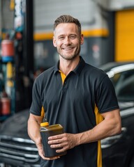 Professional mechanic smiling, holding engine oil bottle