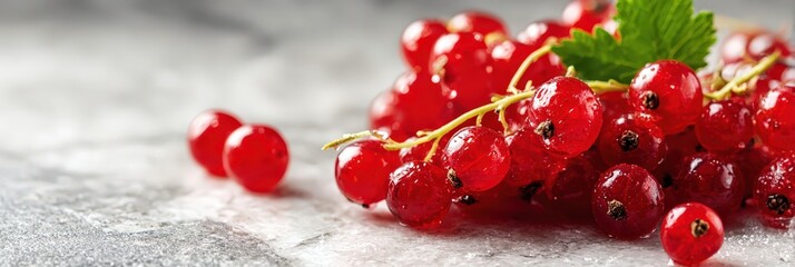 Fresh red currants with green leaf on stone background