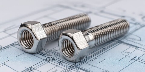 Stainless steel bolts and nuts on blueprints