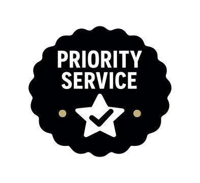 Flat vector seal stamp badge PRIORITY SERVICE simple white with checkmark tiny