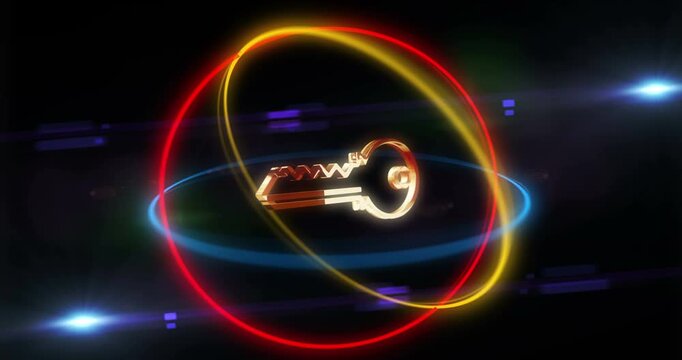 Cyber security key privacy protection golden metal symbol in rotating neon 3d circles looped and seamless animation