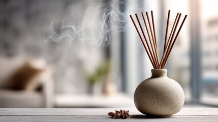Ceramic diffuser with reed sticks emitting relaxing aroma