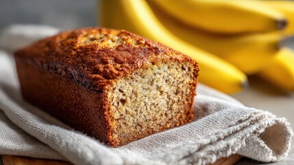 Freshly baked banana bread loaf on linen cloth