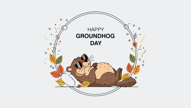 Happy groundhog day celebration illustration featuring a cute woodchuck wearing sunglasses and resting within a fall leaf wreath.