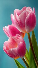 Pink tulips blooming fresh with water drops