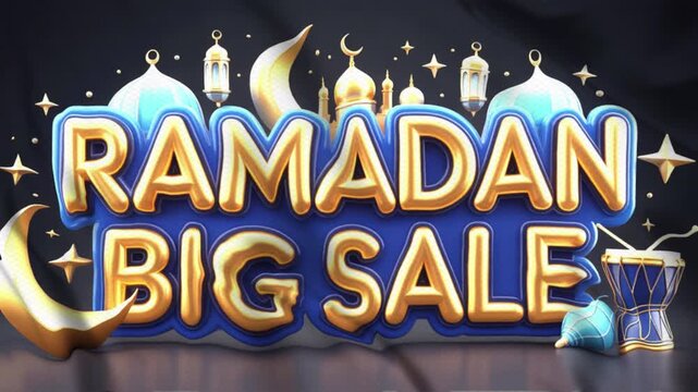 Animated video with the theme "RAMADAN BIG SALE," with a wavy flag style, suitable for campaigns. Motion graphics, 4K footage.