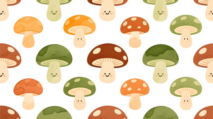 A whimsical seamless pattern featuring hand-painted mushrooms in charming earthy tones, rendered with a cute watercolor doodle style.